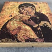 Religious ICON of the Virgin Vladimir Holy Theotokos on wooden support