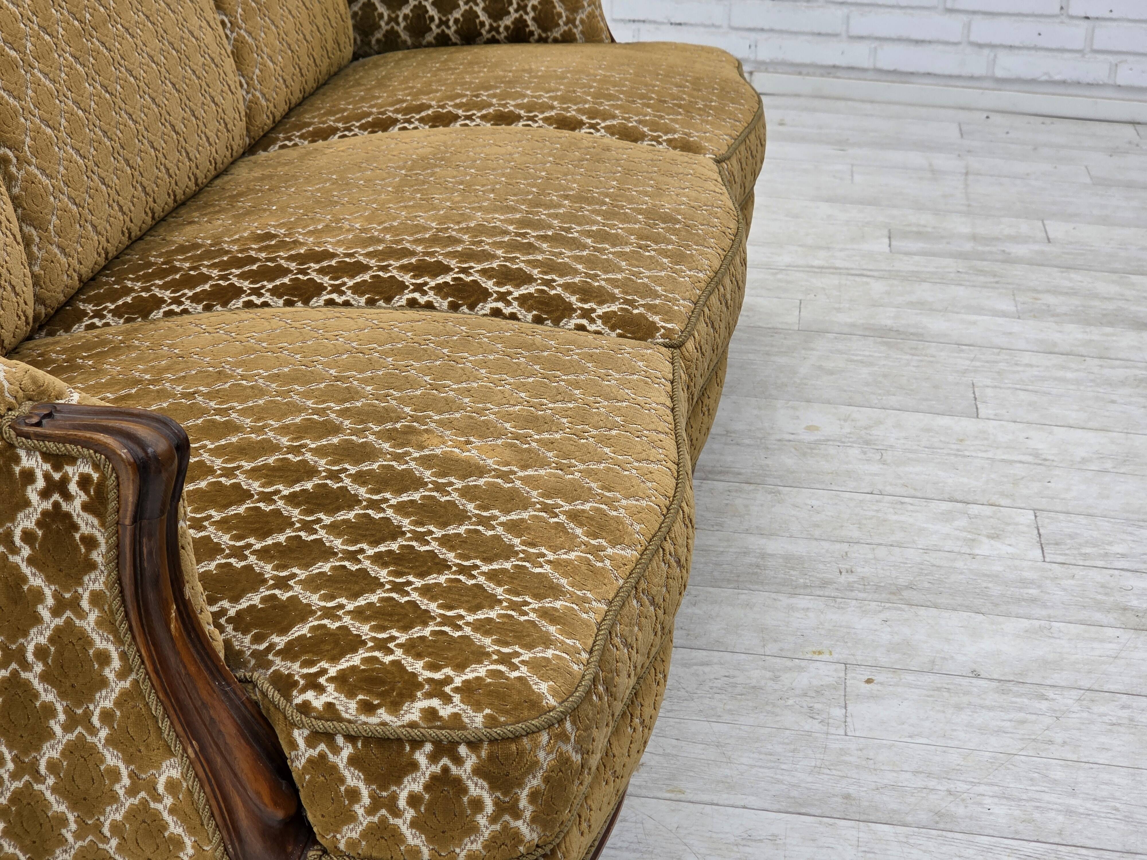 1950s, Danish 3-seater sofa, furniture velour, carved ash wood.