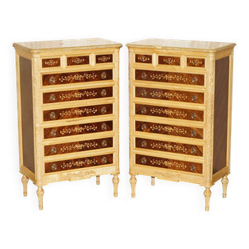 Pair of tall hardwood chests of drawers, walnut and marble.