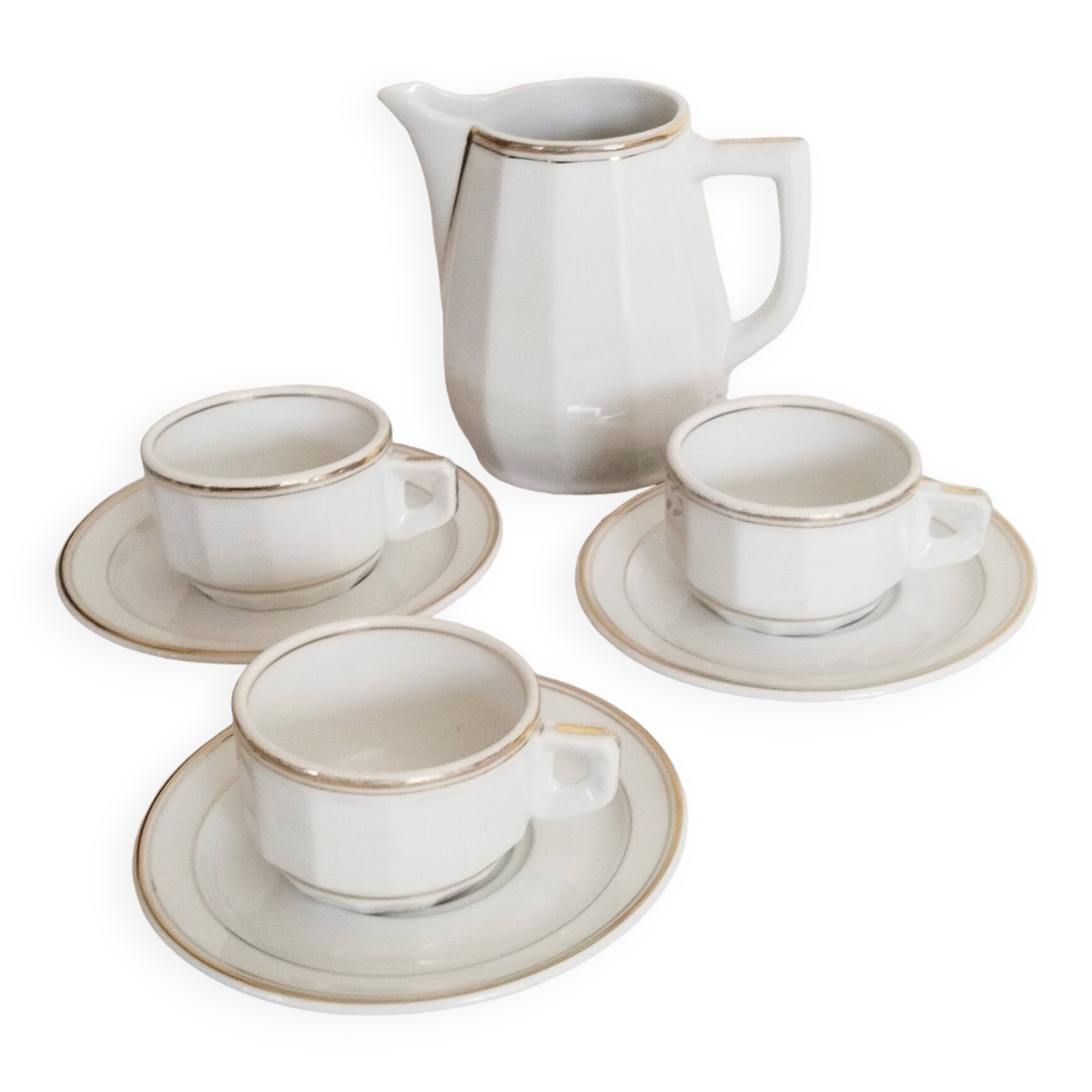 Set of 3 white and gold bistro coffee cups and coffee pot, in porcelain