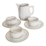 Set of 3 white and gold bistro coffee cups and coffee pot, in porcelain