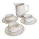 Set of 3 white and gold bistro coffee cups and coffee pot, in porcelain