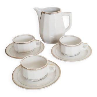 Service de 3 tasses à café de bistrot  blanches et or , et cafetière  , en porcelaine