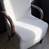 Armchair completely redone moumoute fabrics matching rectangular cushion woodwork mink color