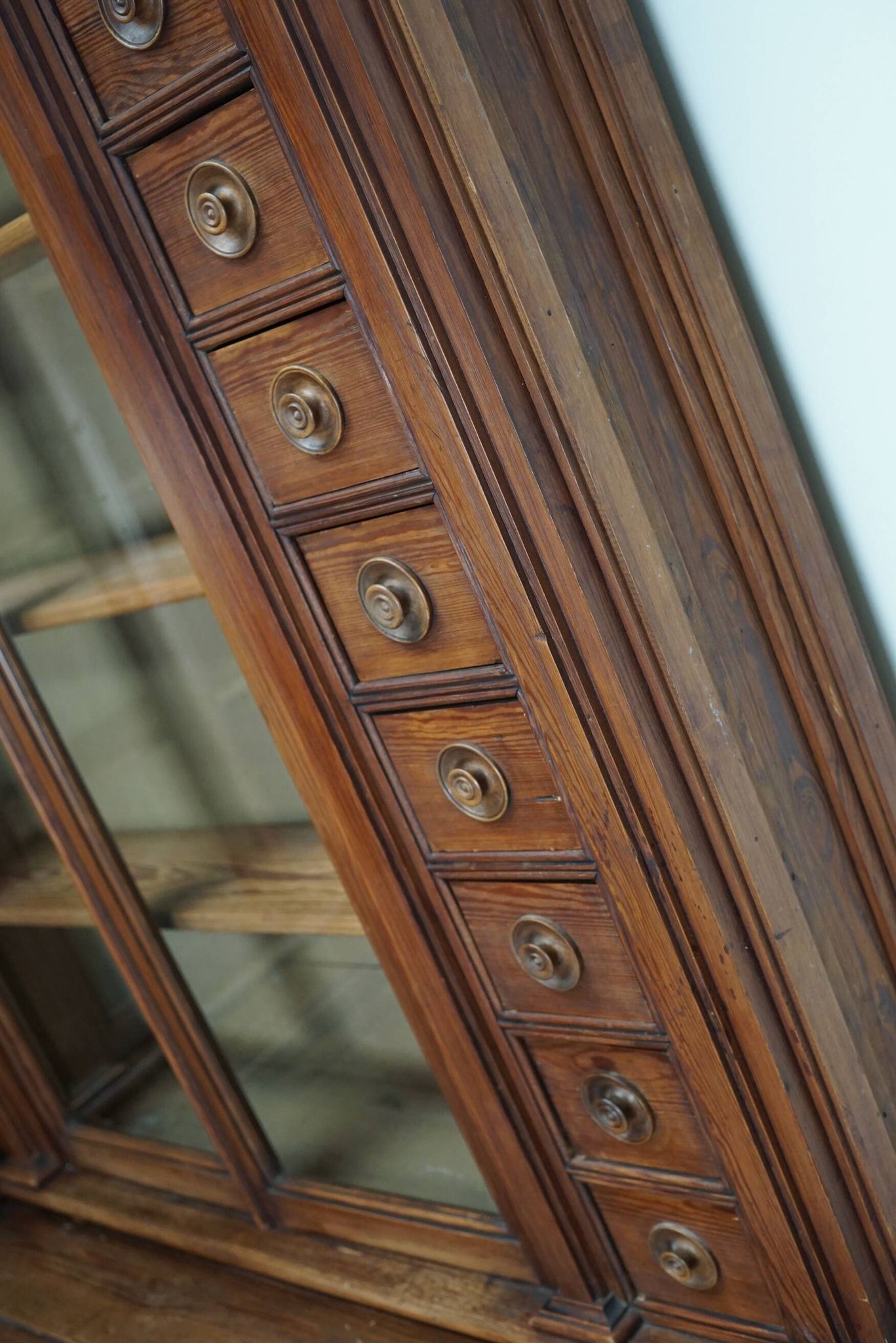 Large Antique German Pitch Pine Corner Apothecary Cabinet / Vitrine ca 1900s
