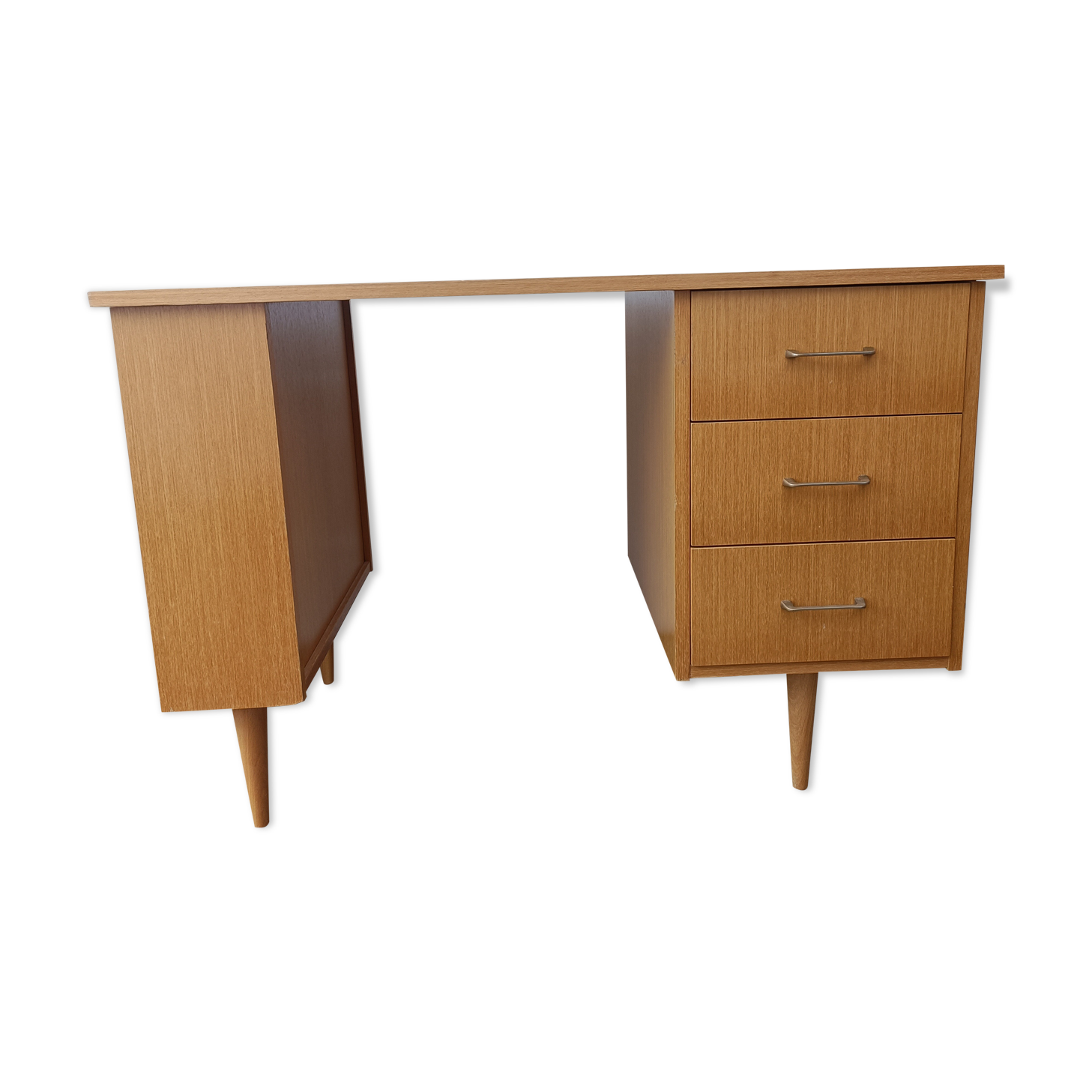 Desk 70s light wood opening to 3 drawers