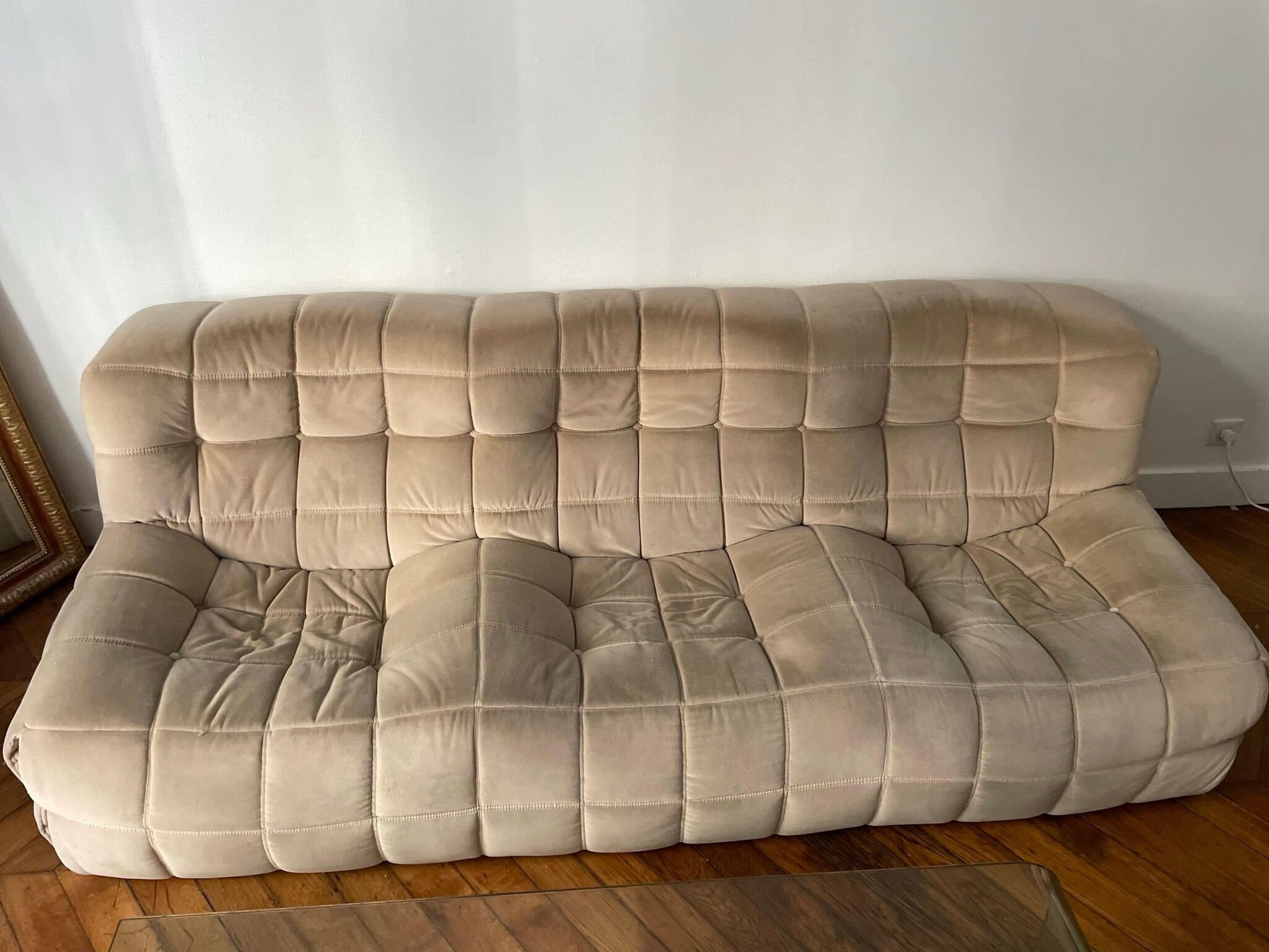 Sofa 3 places Kashima Line Roset velvet beige 70s