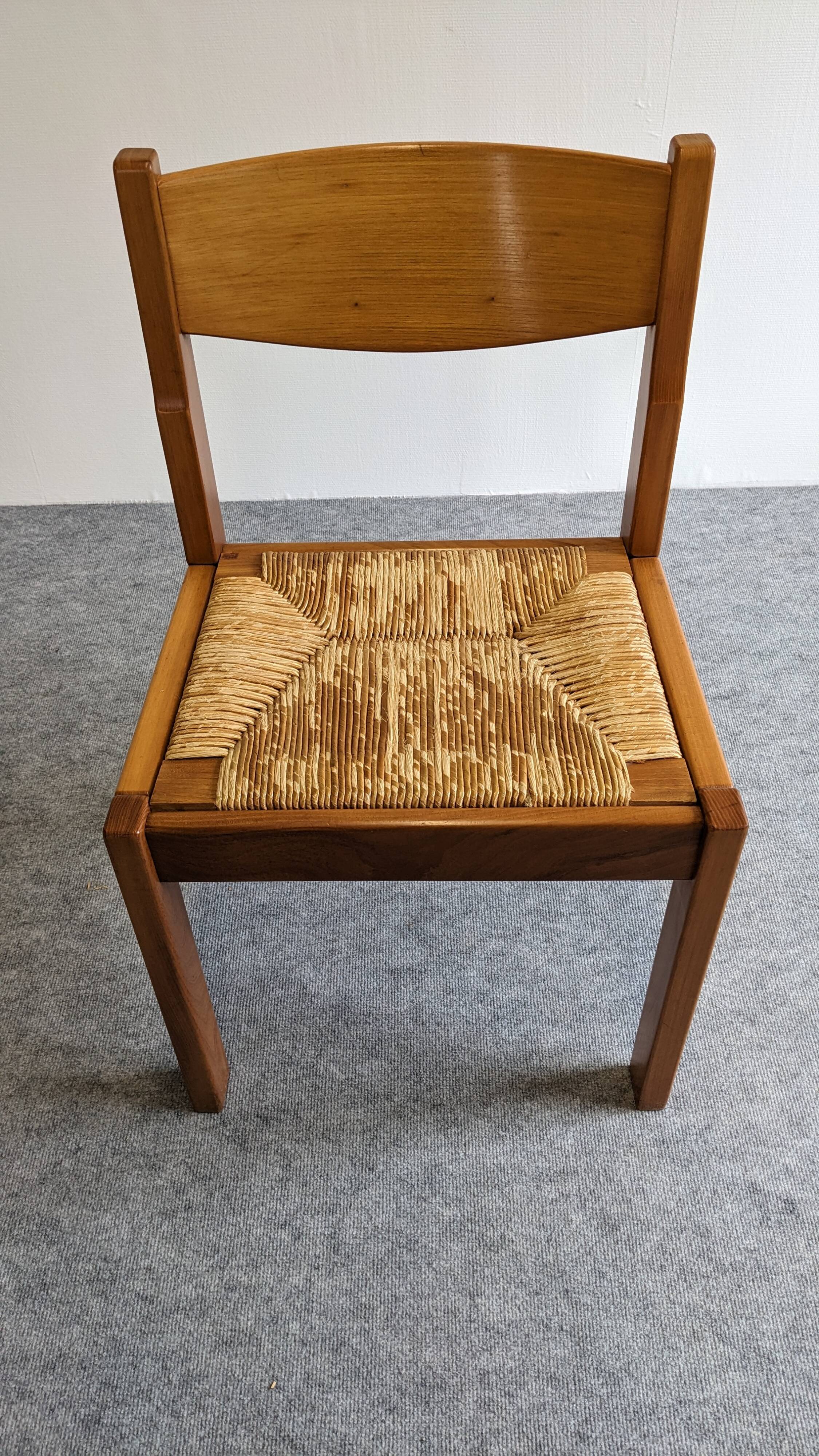 Série de 6 chaises paillées Maison Regain en orme massif, années 70-80