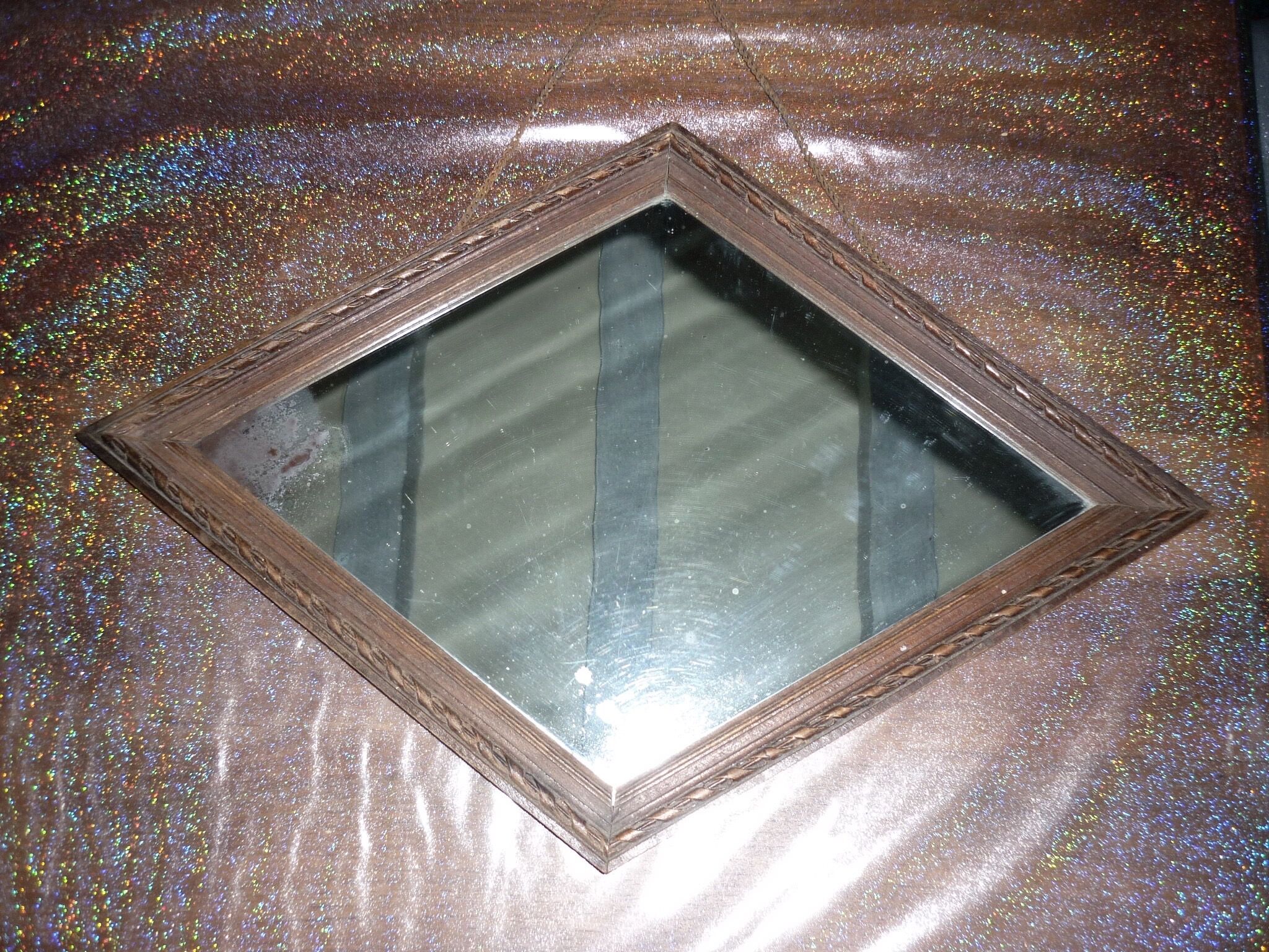 Wooden wall diamond mirror, 30s-40s 50x34cm