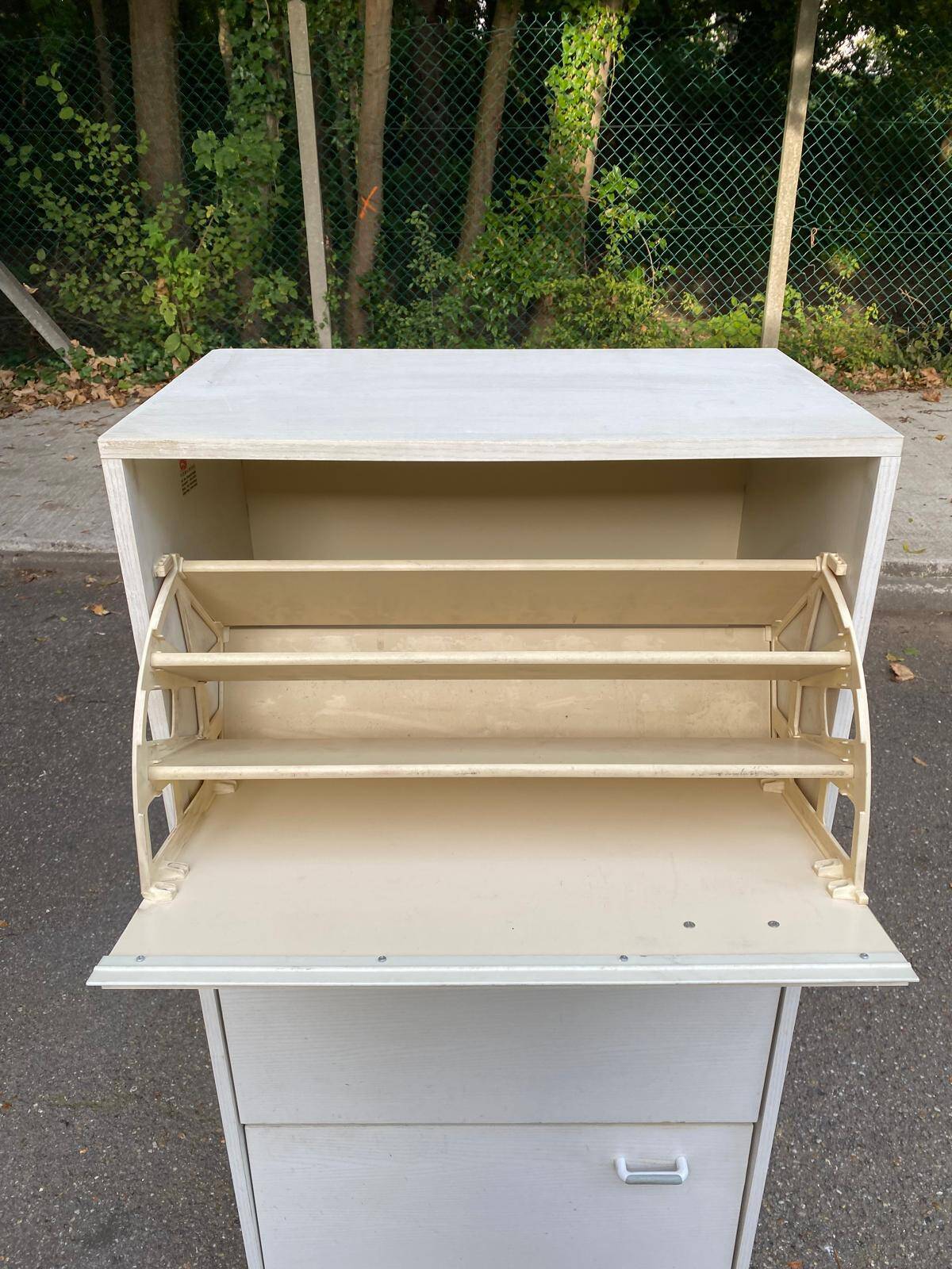Scandinavian shoe cabinet with 3 beige wooden compartments from the 80s