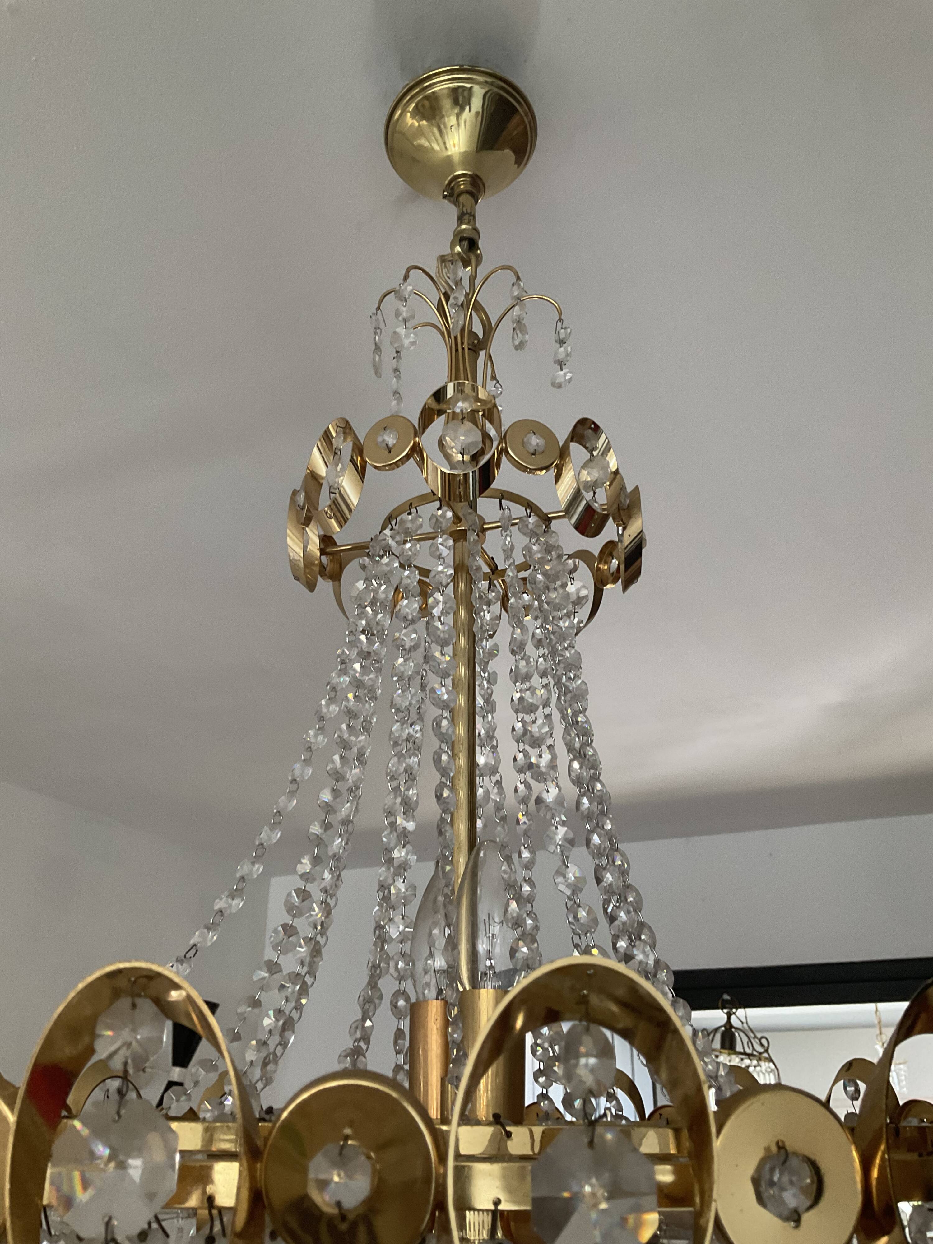 Waterfall chandelier with crystal grapevines and golden aluminum 60s-70s