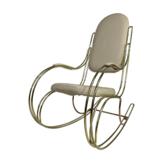 Rocking chair 60s in brass and imitation unbleached leather