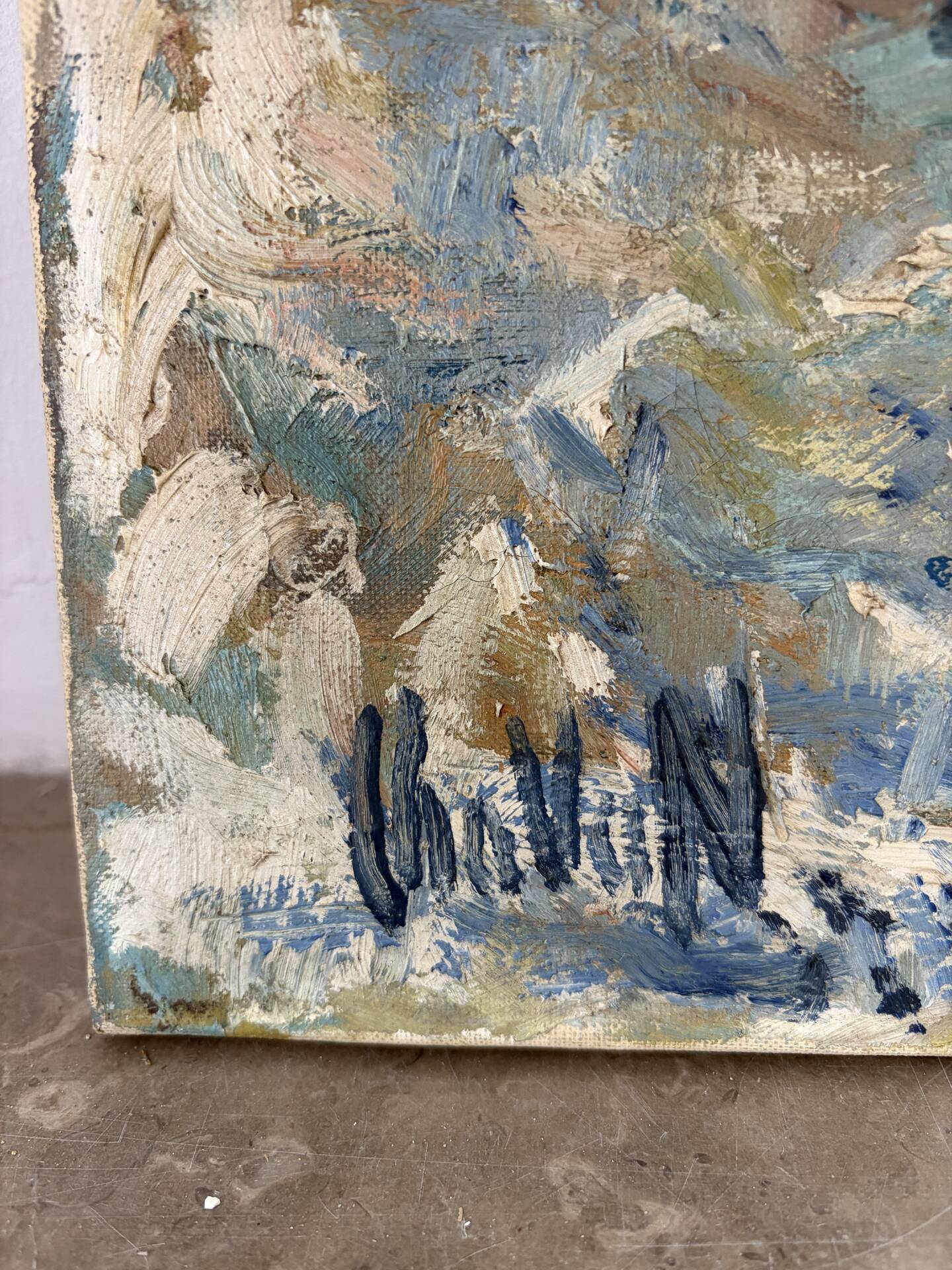 Snowy village, knife oil, signed