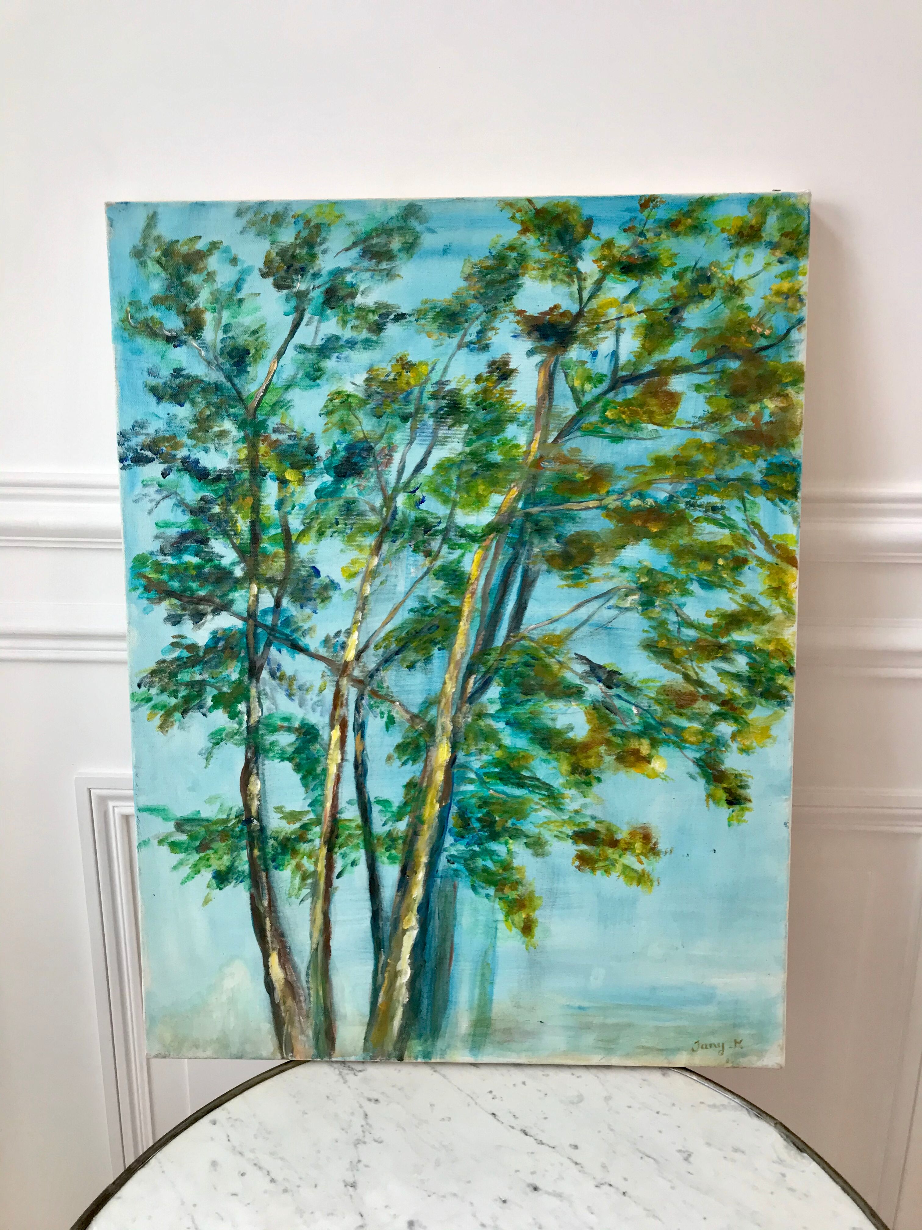 Tableau huile sur toile paysage arbre signé vintage