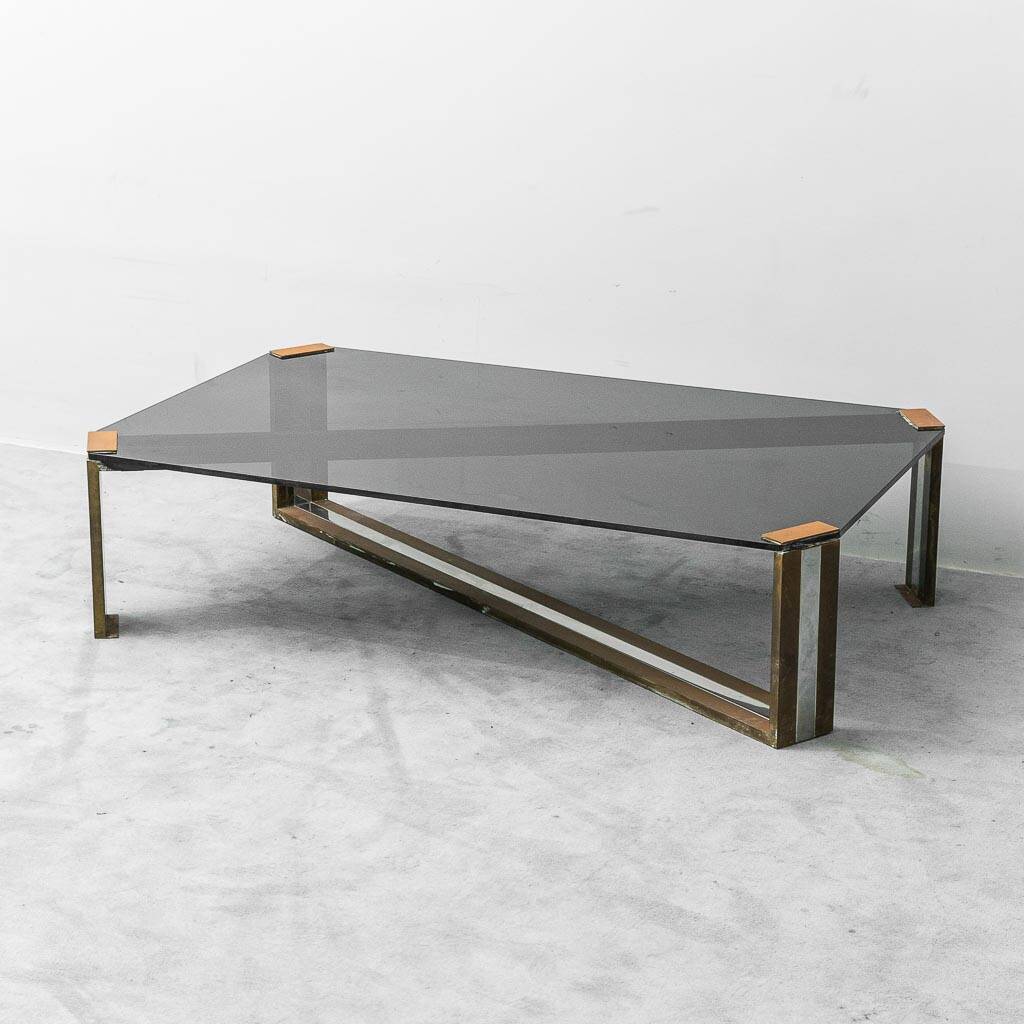 Vintage smoked glass and brass coffee table, 1970s modernism