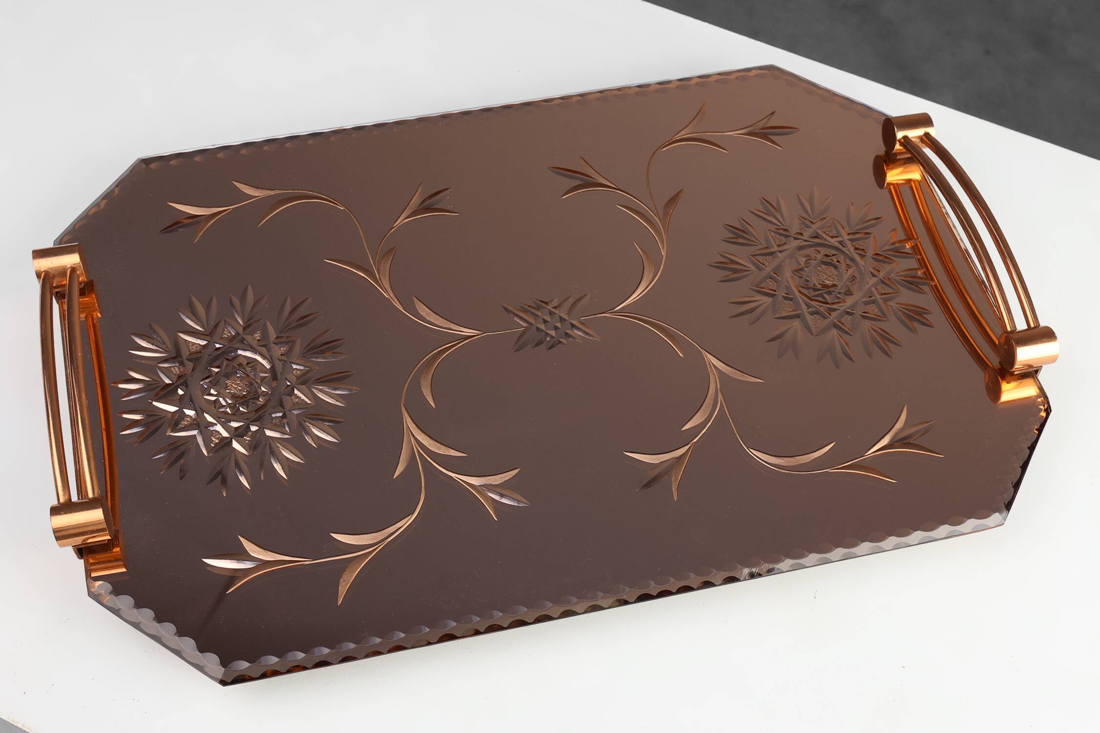 Art Deco Mirrored Glass and Copper Tray, Belgium ca. 1920