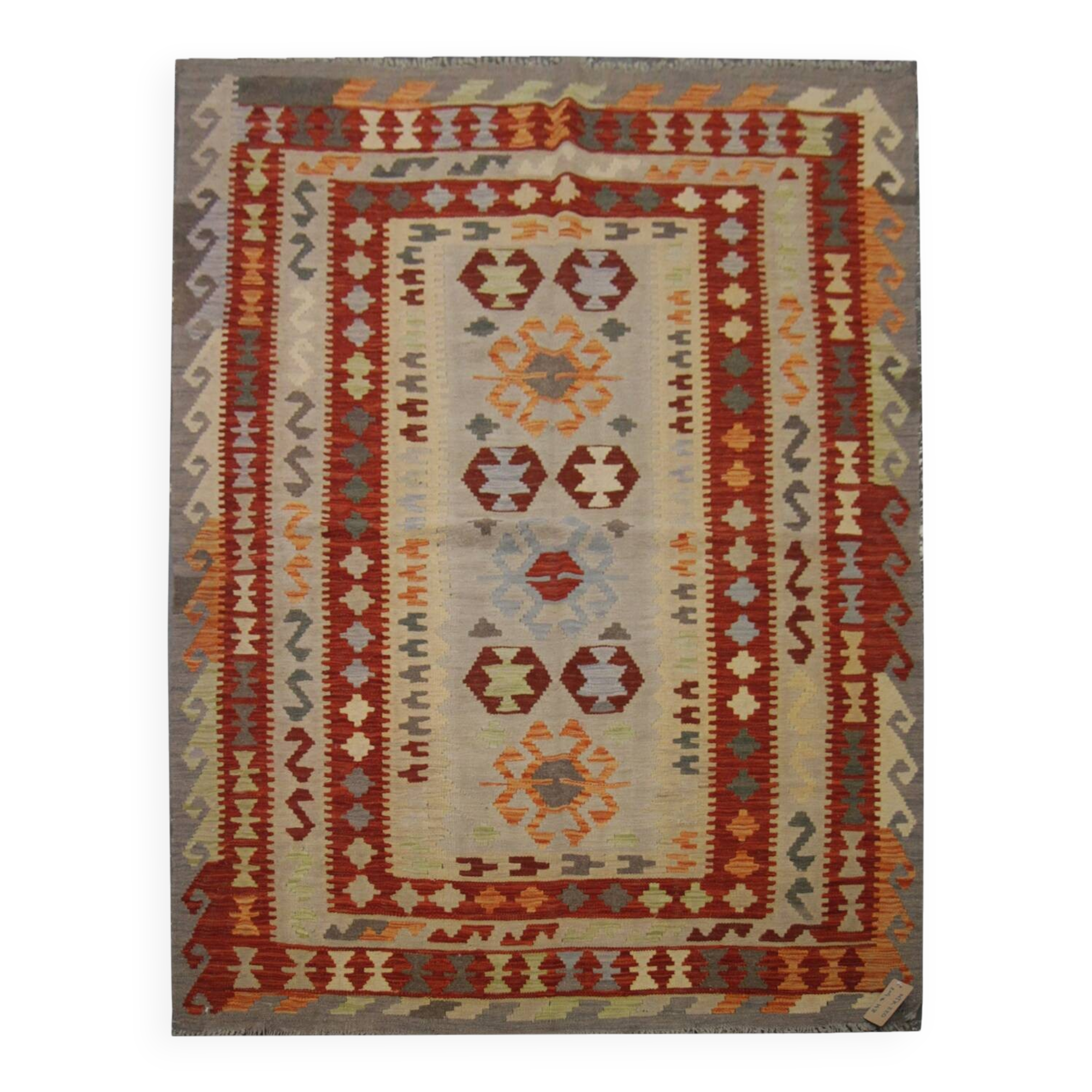 Tapis Kilim en laine fait main rouge et beige, tissage plat oriental tribal 204 x 148 cm