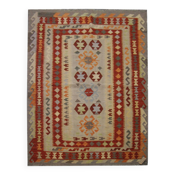 Red & Beige Handmade Wool Kilim Rug, Tribal Oriental Flatweave 204x148 cm