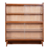 Restored midcentury oak bookcase, glass doors, revived polish, czechia, 1950s