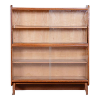 Restored midcentury oak bookcase, glass doors, revived polish, czechia, 1950s