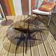 Vintage coffee table from the 60s and 70s by Hugues POIGNANT, smoked glass & teak.