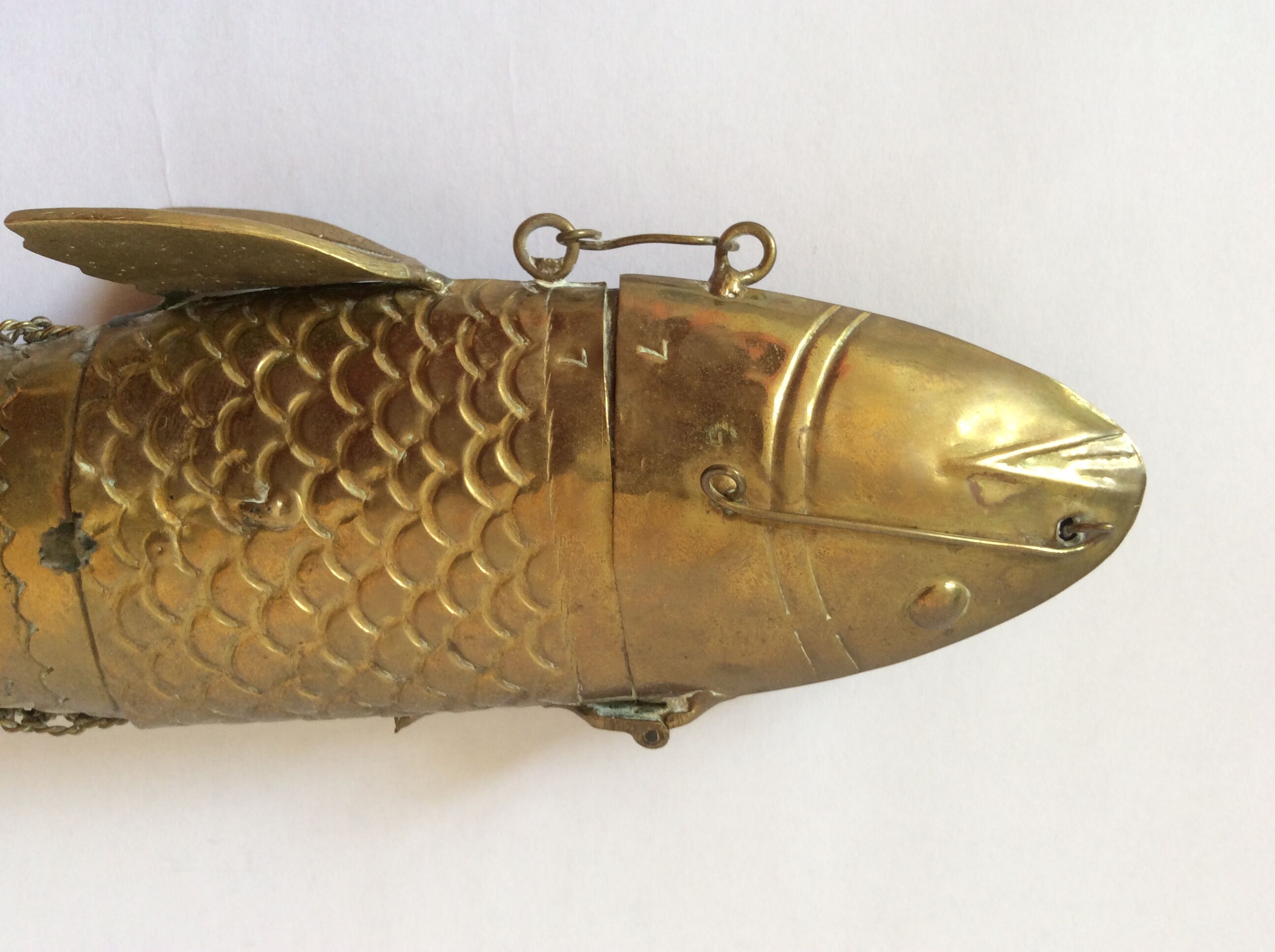 Old articulated brass fish box