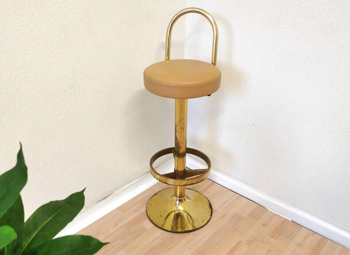 Tabouret de bar en laiton et cuir, Italie milieu XXème