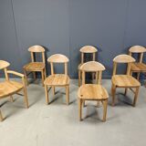 Vintage pine wood dining chairs - 1980s - set of 7