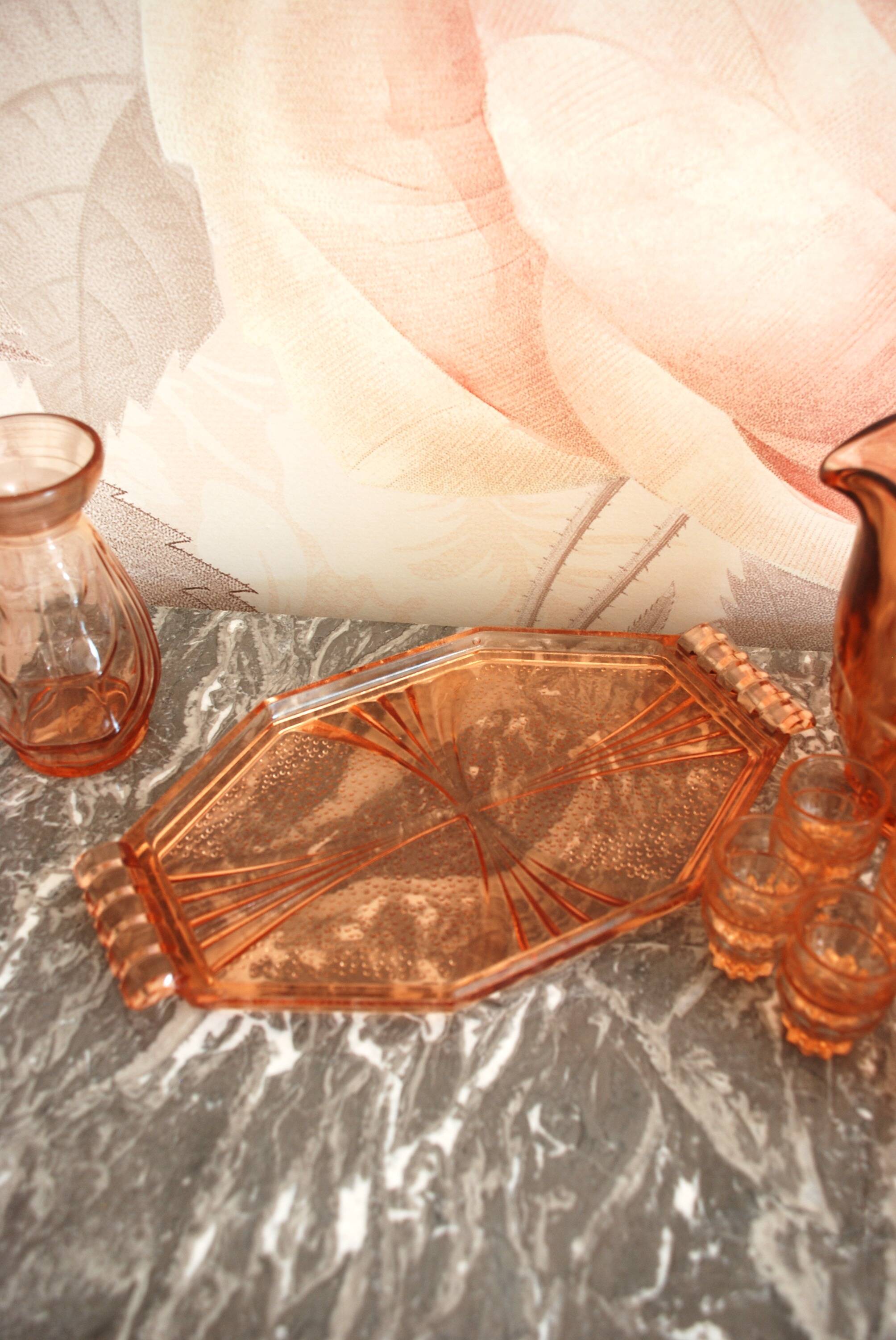 Pink glass liqueur set and accessories from the 1950s