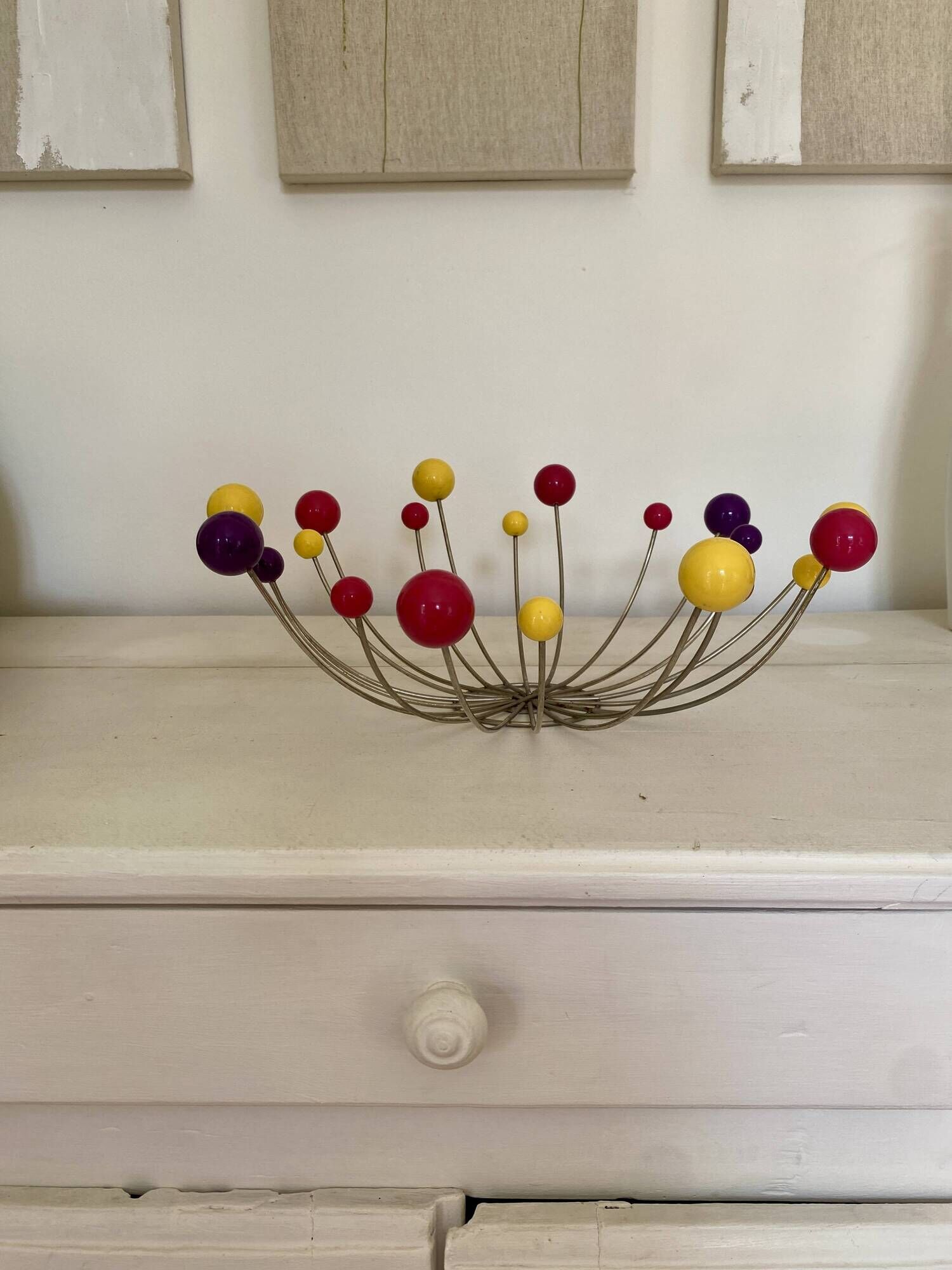 1950s fruit bowl, atomic sputnik, multicolored wooden balls and metal