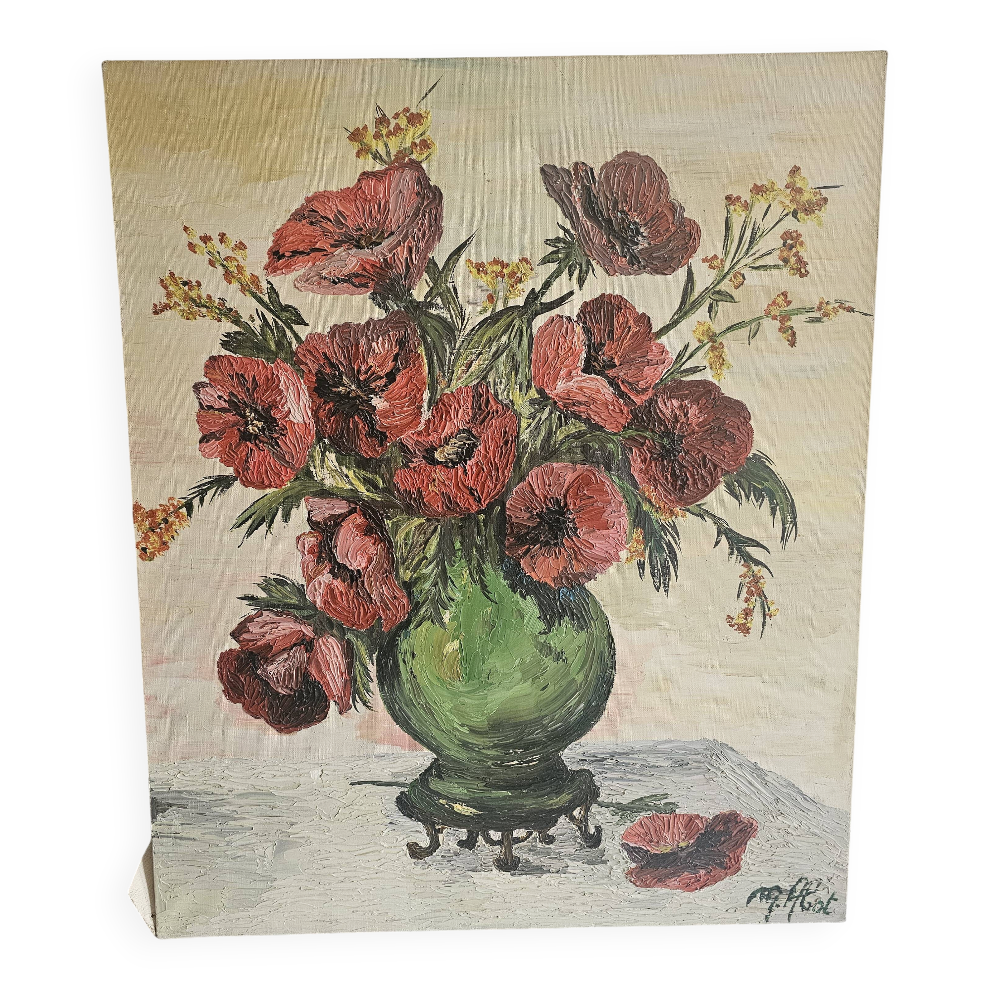 Oil on Canvas Knife Painting Still Life Flowers Poppies Signed M