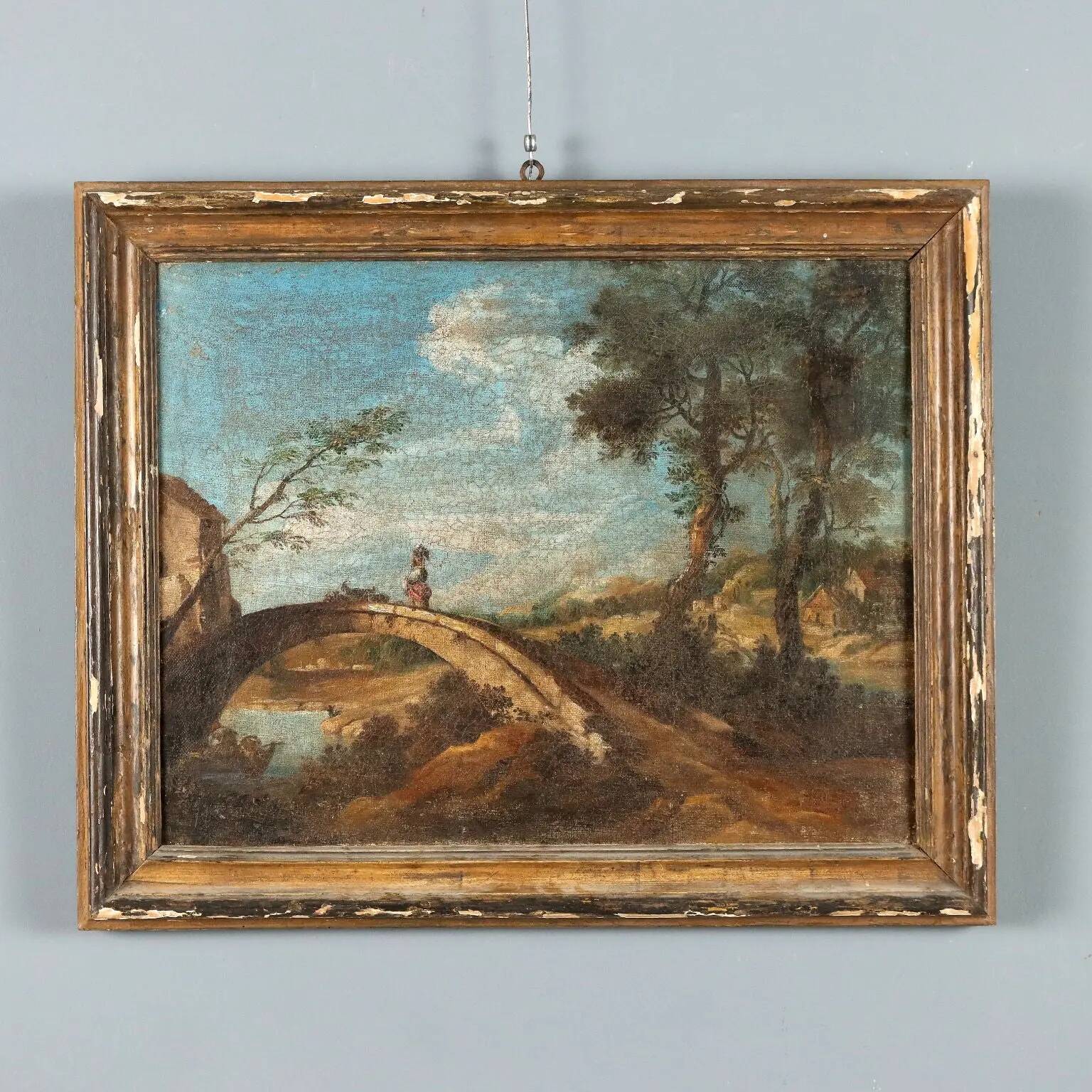 Old painting landscape with bridge, oil on canvas, 18th century