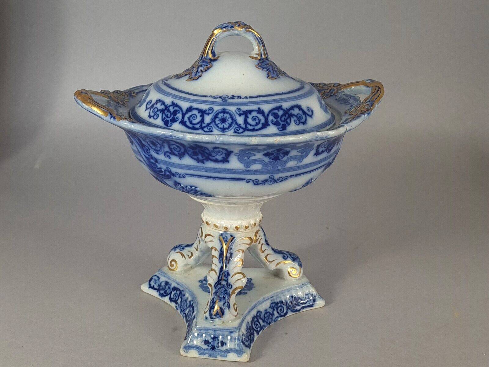 Beautiful covered tripod compote dish in blue and gold earthenware from the late 19th century SC