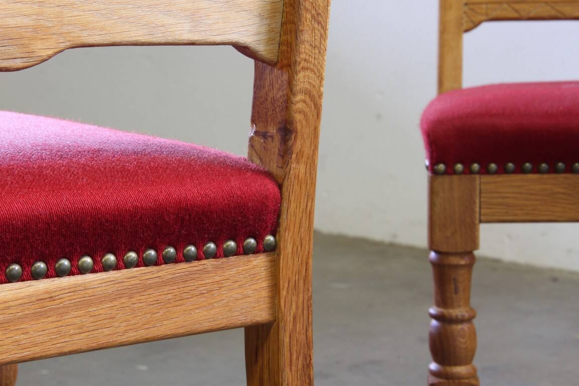 Vintage 1940s/50s solid oak Danish farmhouse chairs, Baroque style set of 4