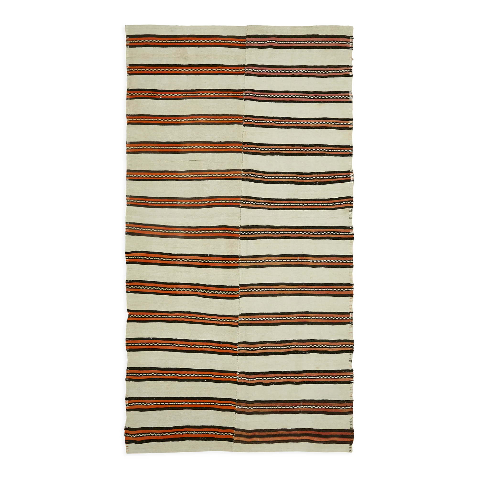 Hand-knotted turkish unique 1970s 185 cm x 347 cm multicolor hemp kilim carpet