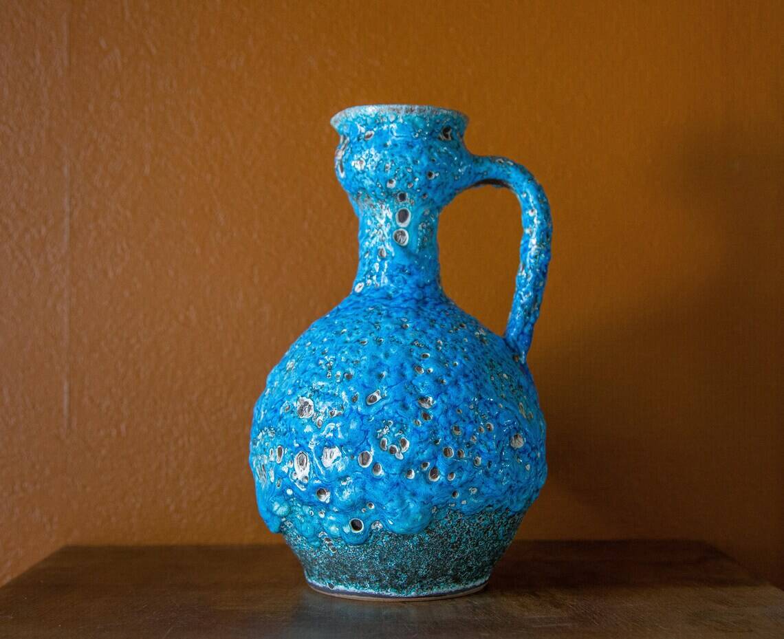 Fat Lava turquoise ceramic vase, ceramic pitcher, sea foam, blue crater vase, turquoise emaux