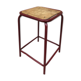 Tabouret ancien atelier métal rouge + assise bois vintage années 70