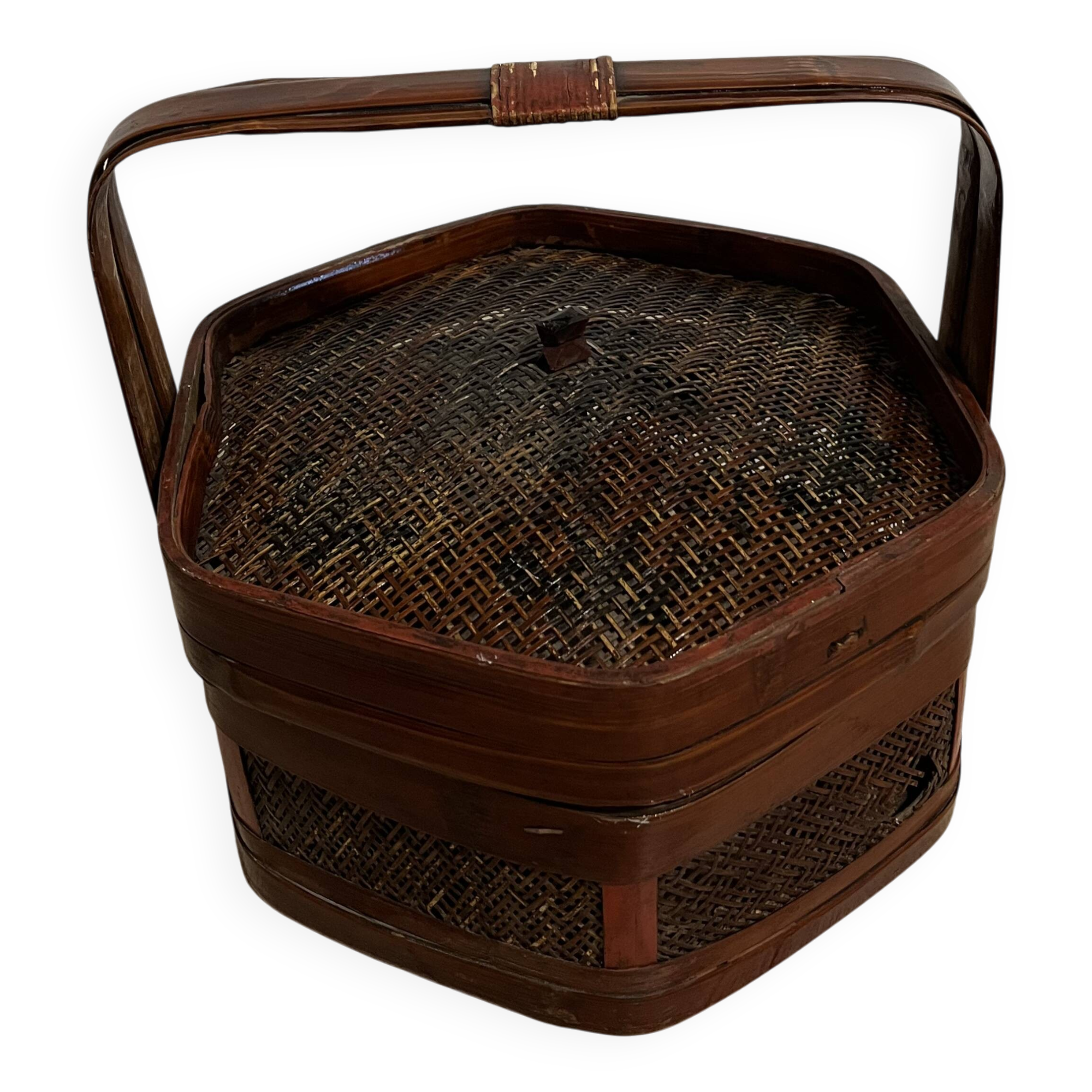 Ancient wooden and woven wicker basket,