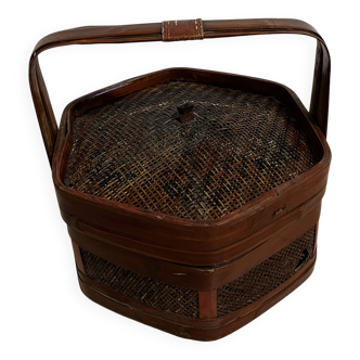 Panier ancien en bois et osier tressé,