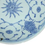 Chinese blue and white dish with lotus scrolls and Jiaqing seal mark