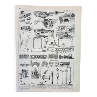 Gravure ancienne 1898, Chemin de fer, train, rail • Lithographie, Planche originale