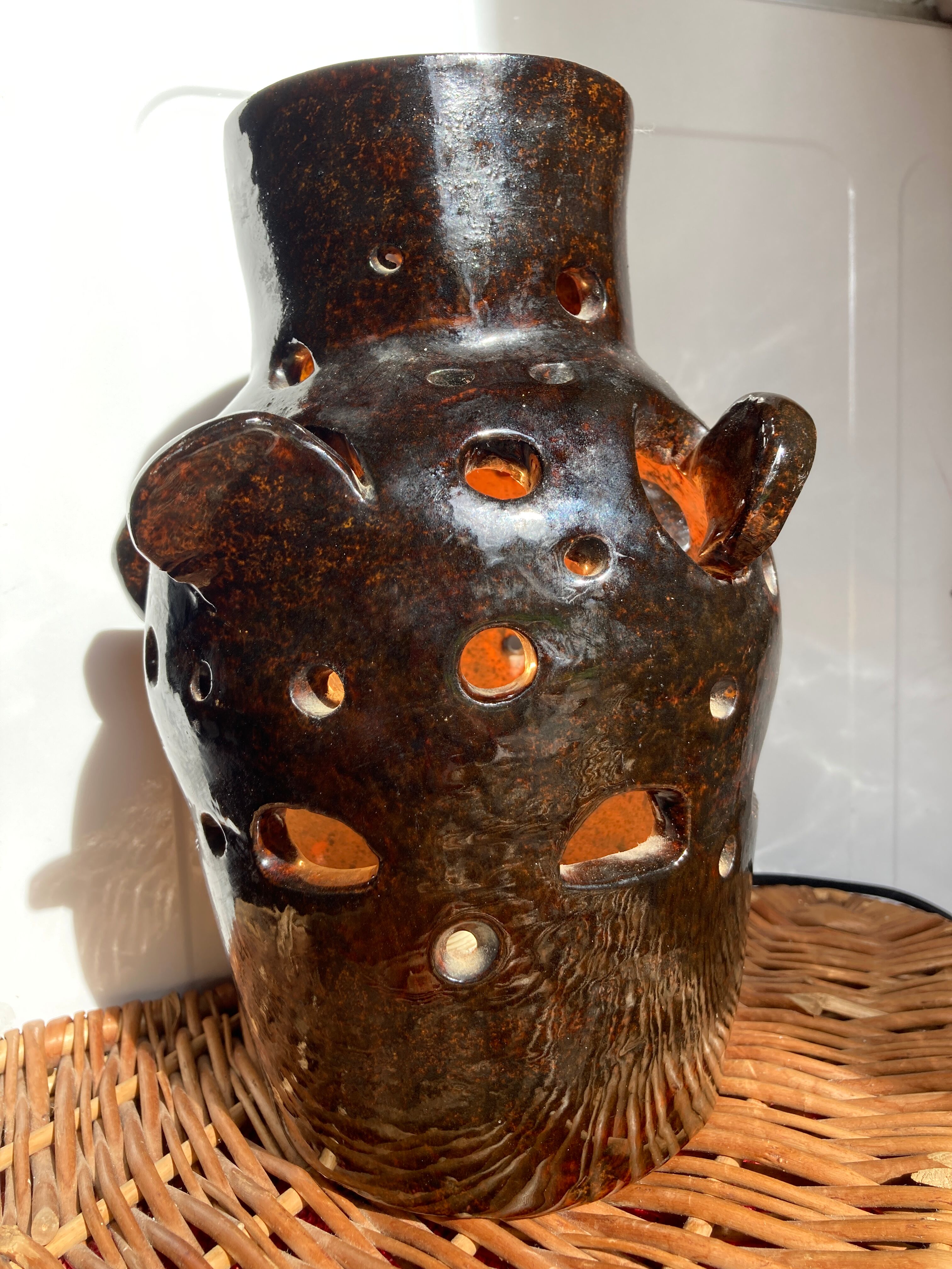 Brutalist lamp in black / brown ceramic openwork 1970