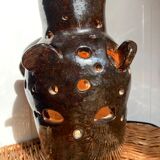 Brutalist lamp in black / brown ceramic openwork 1970