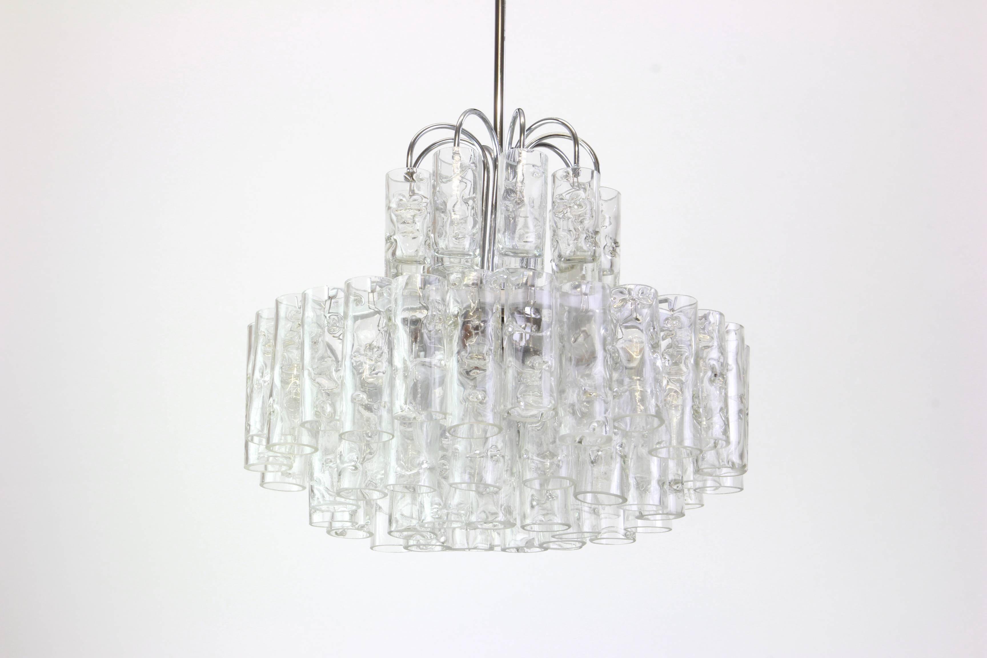 Superb glass tube chandelier in Murano ice by Doria, Germany, 1960s.