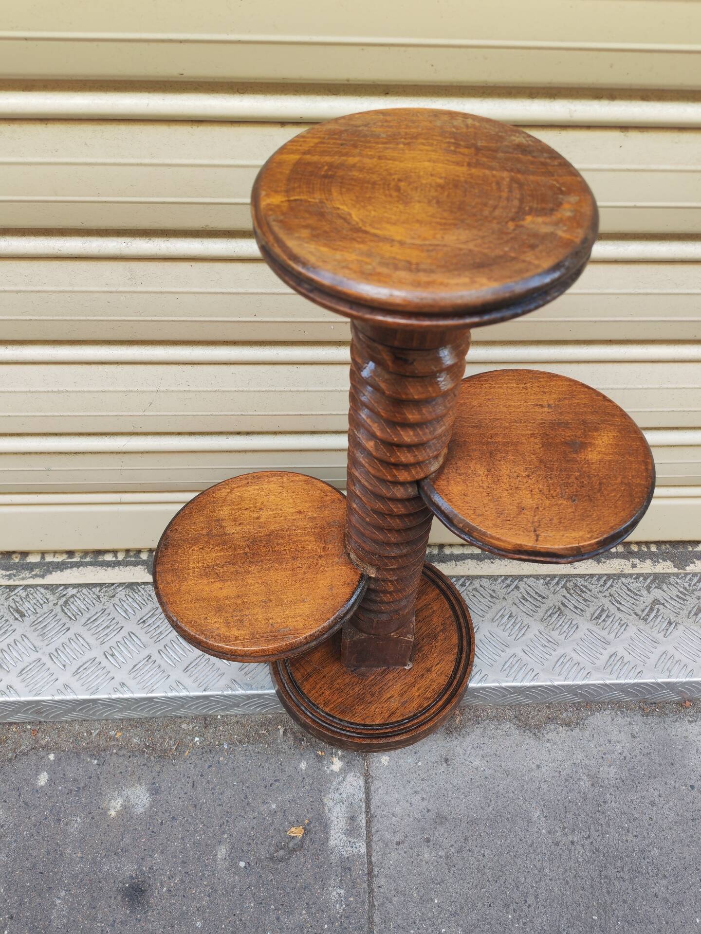 Turned wooden gueridon side table, solid turned, Charles Dudouyt style, 1960.