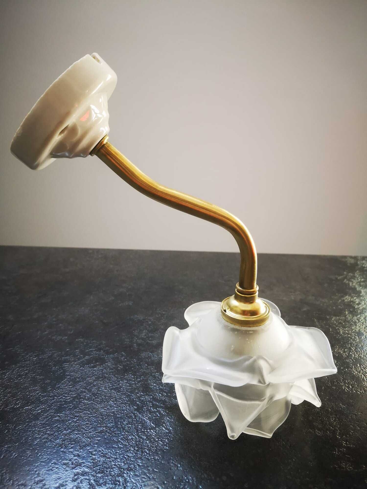 Wall lamp old tulip glass paste shape flower gooseneck brass porcelain art deco 1930