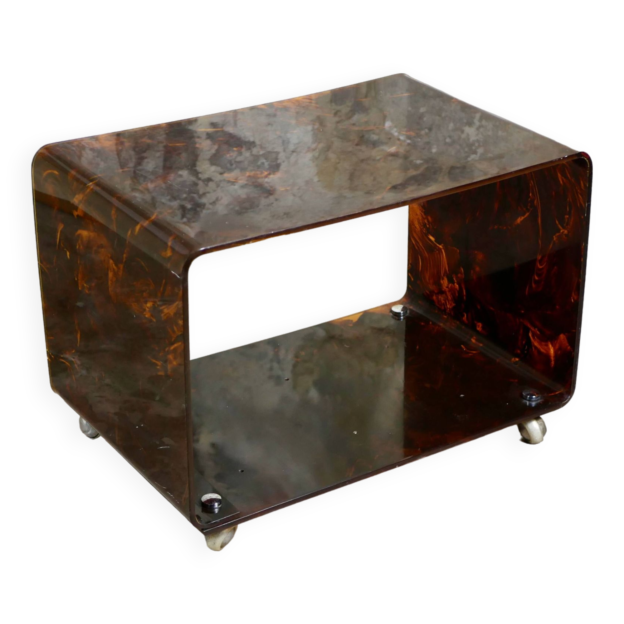 Tortoiseshell plexi side table on casters