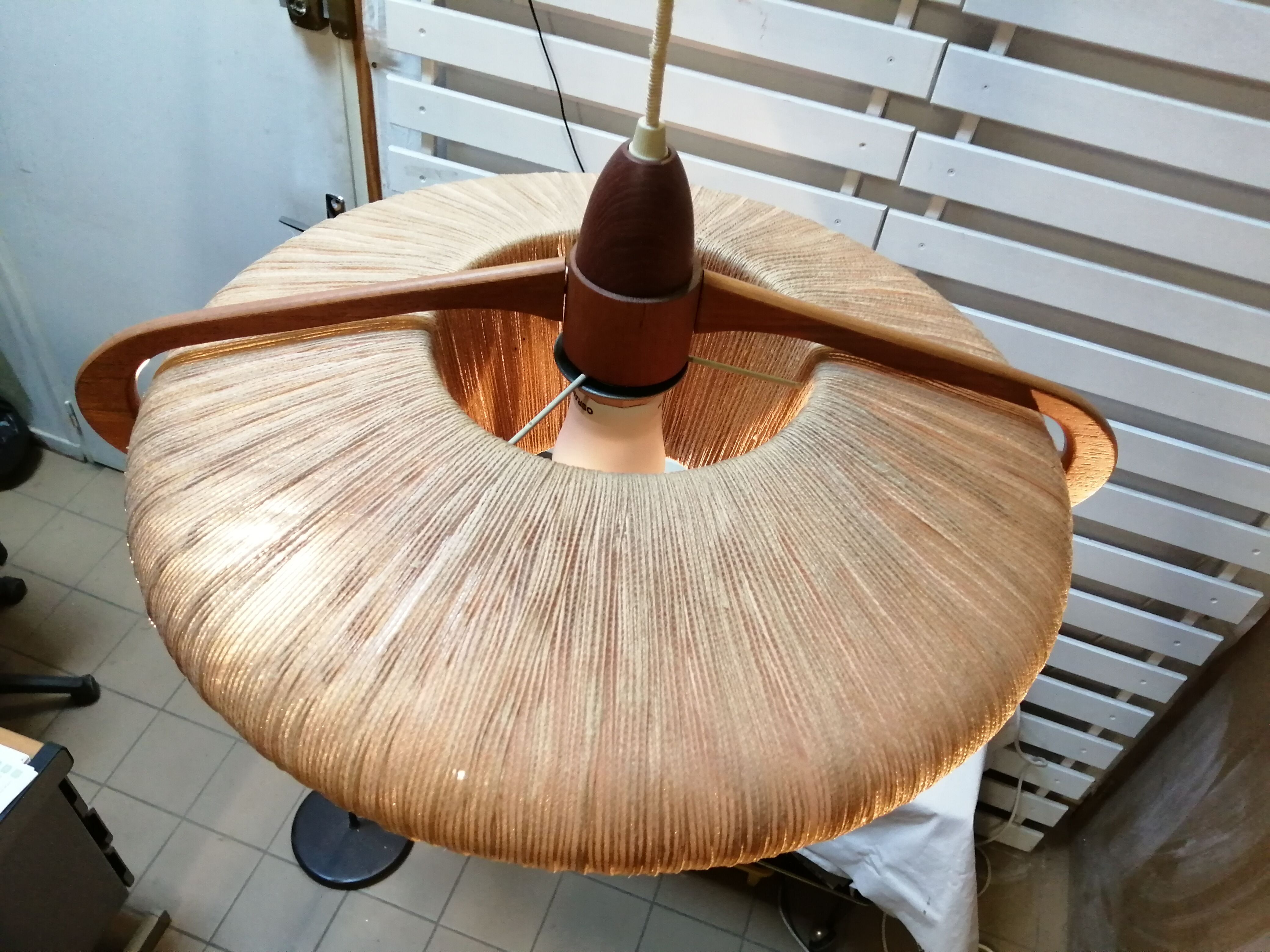 Sisal Ufo pendant lamp and vintage teak by Temde Leuchten