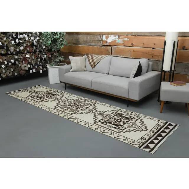 1970s Vintage Turkish Handmade Wool & Cotton Beige Runner Rug 96x361