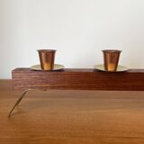 Modernist chandelier in teak and vintage brass.